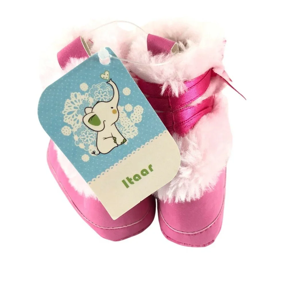 Baby Girls Boots Soft Sole Crib Shoes Slip On Faux Fur Bow Pink Size 0-6 Months
